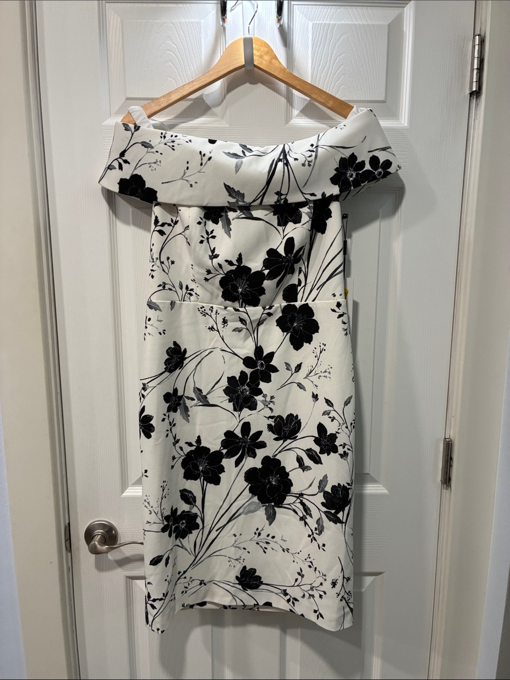 Calvin Klein Off-Shoulder White Dress with Black Floral Print